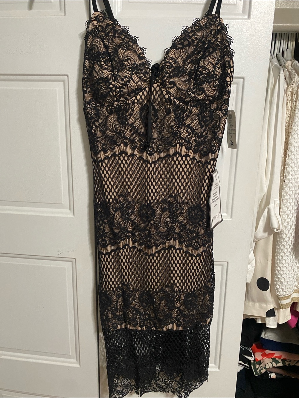 Morgan & Co. Black Lace Midi Dress over Nude Slip